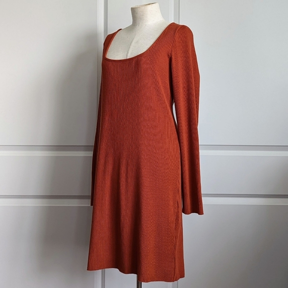Vince Mini Dress Long Sleeve Rib Knit Square Neckline Fitted Rust Amber XL NWT - Picture 10 of 13